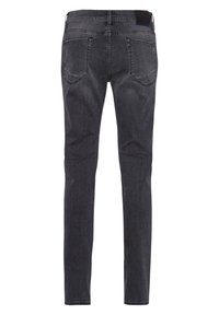 Dark gray jeans with a slim fit, featuring five pockets, subtle whiskering, and contrasting stitching along the seams.