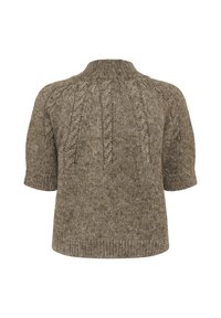Brun strikket kortærmet sweater med kabelstrik mønstre og en ribbet høj halsudskæring, vist fra ryggen på en hvid baggrund.