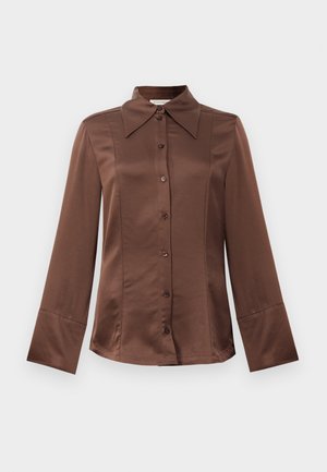 Brown satin shirt with a classic collar, long sleeves, and front button closure. Notable for a smooth texture and tailored fit.