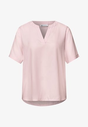 Lyserød kortærmet bluse med udskåret halsudskæring, afslappet pasform og let afrundet kant, designet til afslappet eller professionelt brug.
