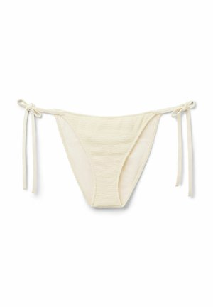 Kremowe bikini dolne z teksturowanym wzorem, z wiązaniami po bokach dla regulowanego dopasowania. Gładka tkanina i minimalistyczny krój.