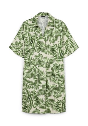 Short-sleeve shirt in cream featuring a green palm leaf pattern. Made of lightweight fabric with a straight cut and a classic collar.