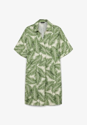 Short-sleeve shirt in cream featuring a green palm leaf pattern. Made of lightweight fabric with a straight cut and a classic collar.