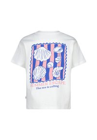 White cotton t-shirt featuring a graphic design of seashells in blue and pink, with the text "SUMMER ESCAPE" and "The sea is calling."