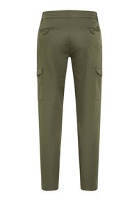 Olivgrüne Cargo-Hose mit zwei Gesäßtaschen und zwei klappbaren Seitentaschen, von hinten mit geradem Beinanschnitt gezeigt.