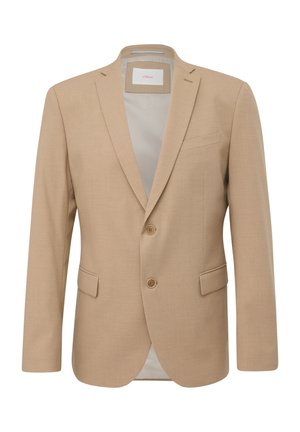 Beige blazer made of smooth fabric, featuring a notched lapel, two buttons, and a single chest pocket. Minimalistic design, fitted shape.