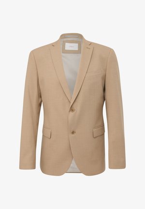 Beige Blazer aus glattem Stoff mit Revers, zwei Knöpfen und einer Brusttasche. Minimalistisches Design, figurbetonte Form.