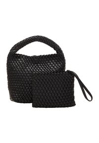 Svart vävd handväska med ett rundat handtag och en slät yta. Inkluderar en matchande liten påse med handledsrem.