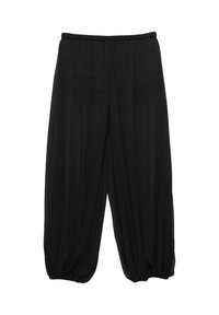 Pantaloni harem negri, ușori, cu talie elastică, glezne strânse și siluetă fluidă. Textură netedă, fără modele sau accente.