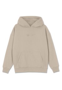 Felpa beige con cappuccio, dotata di tasca a marsupio, con polsini e orlo a coste e logo goffrato sul petto. Tessuto morbido.