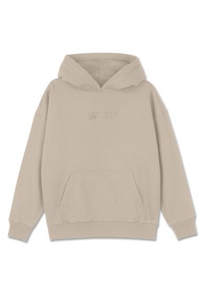 Beige hættetrøje med kengurulomme, ribbede manchetter og kant, samt prægede logo-tekster på brystet. Glat stofstruktur.