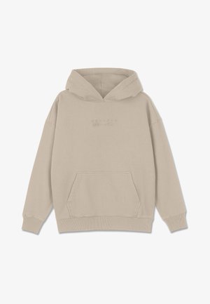 Beige hoodie met een kangoeroezak, voorzien van ribgebreide manchetten en onderkant, en een reliëflogo op de borst. Soepele stofstructuur.