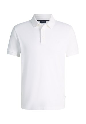 Biała koszulka polo z krótkim rękawem, kołnierzykiem i trzema guzikami, z małym, subtelnym logo na lewej piersi.