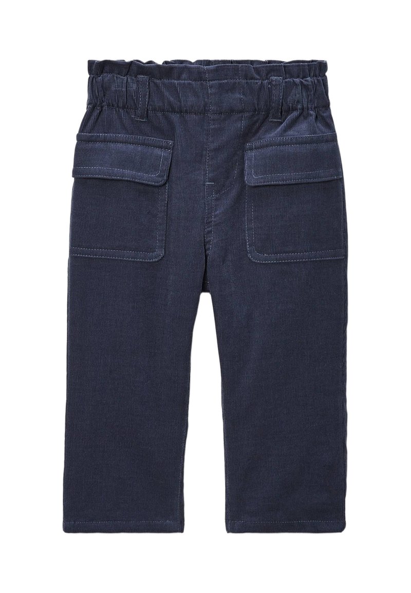 Shorts en velours côtelé marine avec une taille élastique, deux poches avant et une coupe décontractée. Tissu texturé avec des détails en côtes verticales.