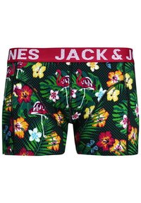 Boxers pour hommes présentant un motif floral avec des flamants roses, des feuilles vertes et des fleurs d'hibiscus multicolores, sur fond noir, avec une taille rouge.