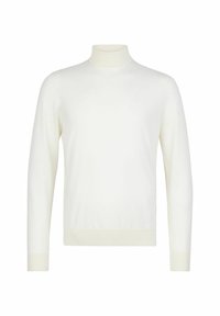 Vit stickad polotröja med långa ärmar, en figurnära silhuett och ribbad mudd och nederkant, tillverkad av ett mjukt och slätt tyg.