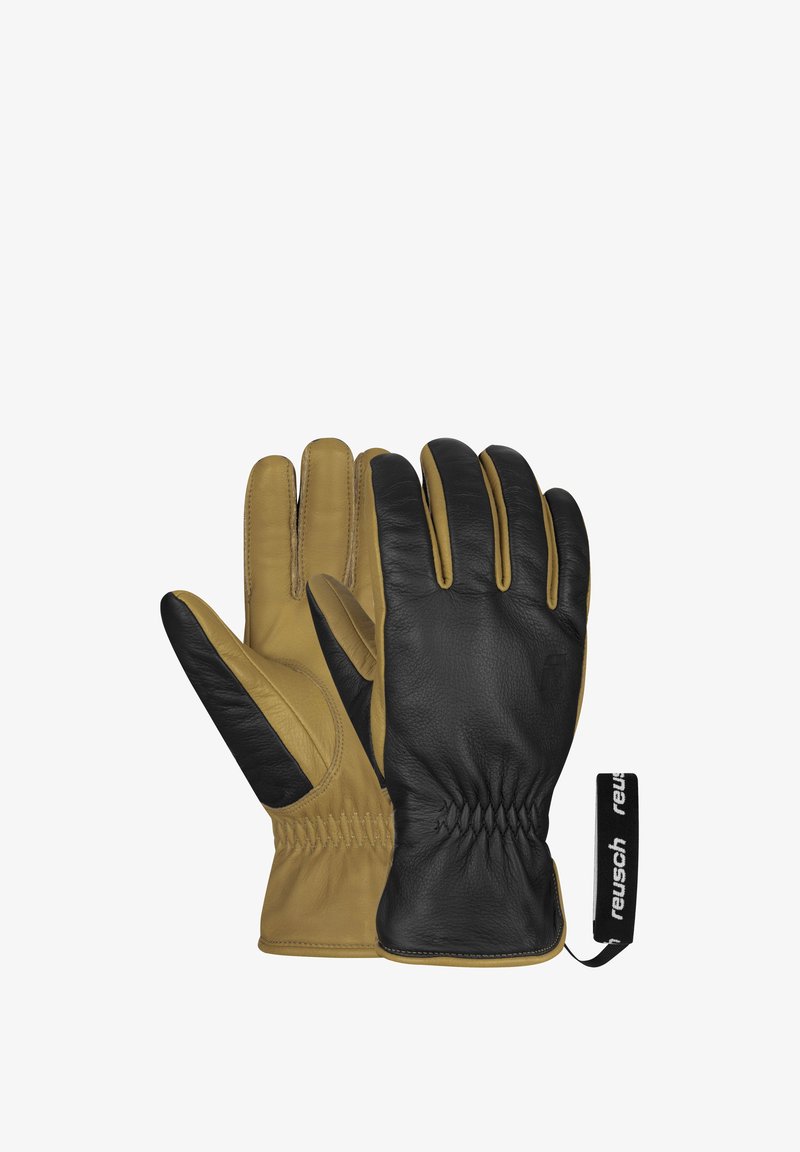 Læderhandsker med sort håndflade og fingre, samt tan læder på bagsiden. Design med samlet håndled og et mærke, der viser brandnavnet "Reusch."