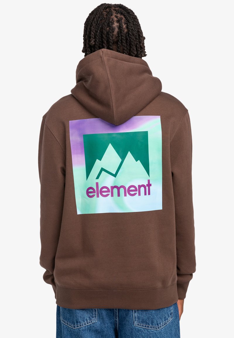 Brown hoodie with a large graphic on the back featuring mountains in green and a gradient background, with the brand name "element" in purple.