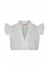 Weißes verkürztes Blusenshirt mit Puffärmeln, das eine durchgehende Knopfleiste und durchbrochene Muster aufweist. Texturiert mit einem Kragen aus Spitzenbesatz.