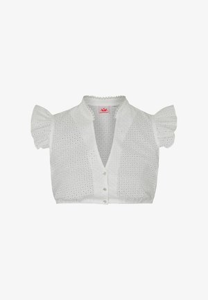 White cropped blouse with puff sleeves, featuring a button-down front and eyelet patterns throughout. Textured fabric with a lace trim collar.