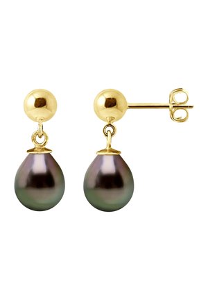 Boucles d'oreilles en ton d'or présentant une puce ronde et une perle goutte d'un gris foncé avec une surface lisse et brillante.