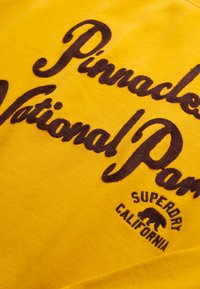 T-shirt gialla con testo ricamato marrone che recita "Pinnacles National Park" e "Superdry California", accompagnato da una grafica di un orso.