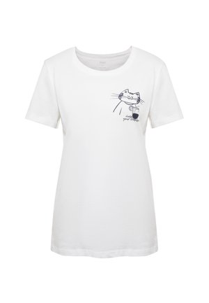 Weißen Baumwoll-T-Shirt mit kurzen Ärmeln, mit einer Illustration einer schwarzen Katze, die ein Getränk hält, und dem Text "Verfolge deine Träume."