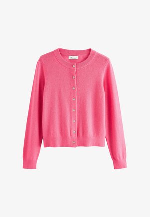 Cardigan roz din material moale, cu decolteu rotund, mâneci lungi și închidere cu nasturi în față.