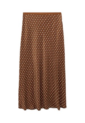 Gonna midi marrone con pois bianchi, taglio a trapezio e vita liscia, mostrata su sfondo bianco.