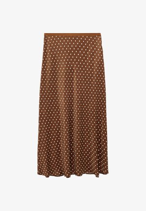 Gonna midi marrone con pois bianchi, taglio a trapezio e vita liscia, mostrata su sfondo bianco.