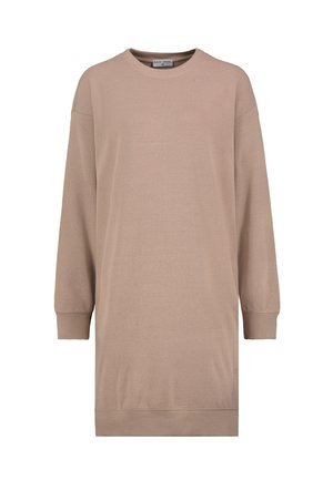 Hellbeige langärmliges Kleid, weiche Textur, runder Ausschnitt, gerippte Bündchen und Saum, lockere Passform, minimalistisches Design, keine sichtbaren Muster oder Akzente.