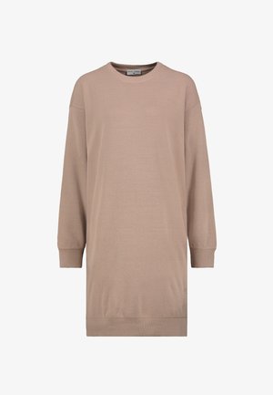 Hellbeige langärmliges Kleid, weiche Textur, runder Ausschnitt, gerippte Bündchen und Saum, lockere Passform, minimalistisches Design, keine sichtbaren Muster oder Akzente.