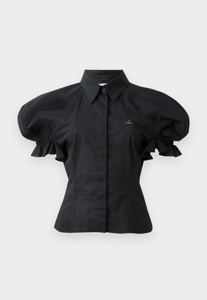 Camicia nera a maniche puff in cotone, con colletto, chiusura a bottoni e dettagli ricamati sul petto. Texture stropicciata.