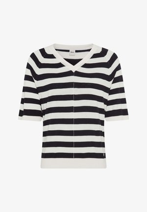 Maglione a strisce a maniche corte in bianco e nero. Presenta un collo a V e una vestibilità comoda. Realizzato in tessuto leggero e testurizzato.