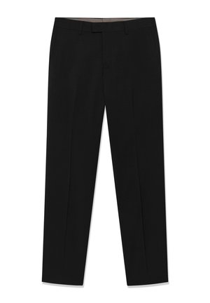 Svarta byxor av slätt tyg med platt front, två sidfickor och en skräddarsydd passform med lätt avsmalning vid anklarna.