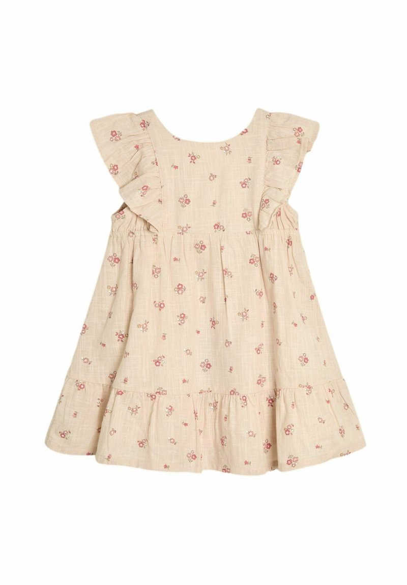 Vestido beige claro con estampados florales en rosa. Presenta mangas de volante y una falda en capas para mayor volumen. Está hecho de una tela texturizada.