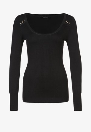 Schwarzer, langärmliger Pullover aus weichem Stoff mit einem U-Boot-Ausschnitt, dekorativen Metallknöpfen an den Schultern und einer figurbetonten Silhouette.