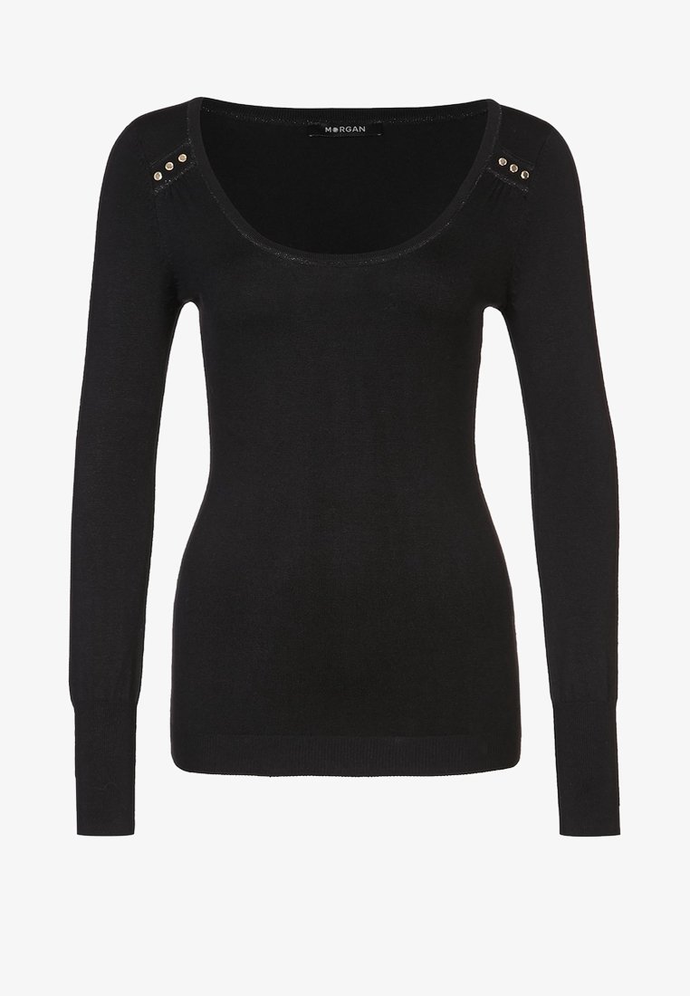 Schwarzes Langarmshirt aus weichem Stoff, mit rundem Ausschnitt und dekorativen Nieten auf den Schultern. Einfaches, figurbetontes Design.