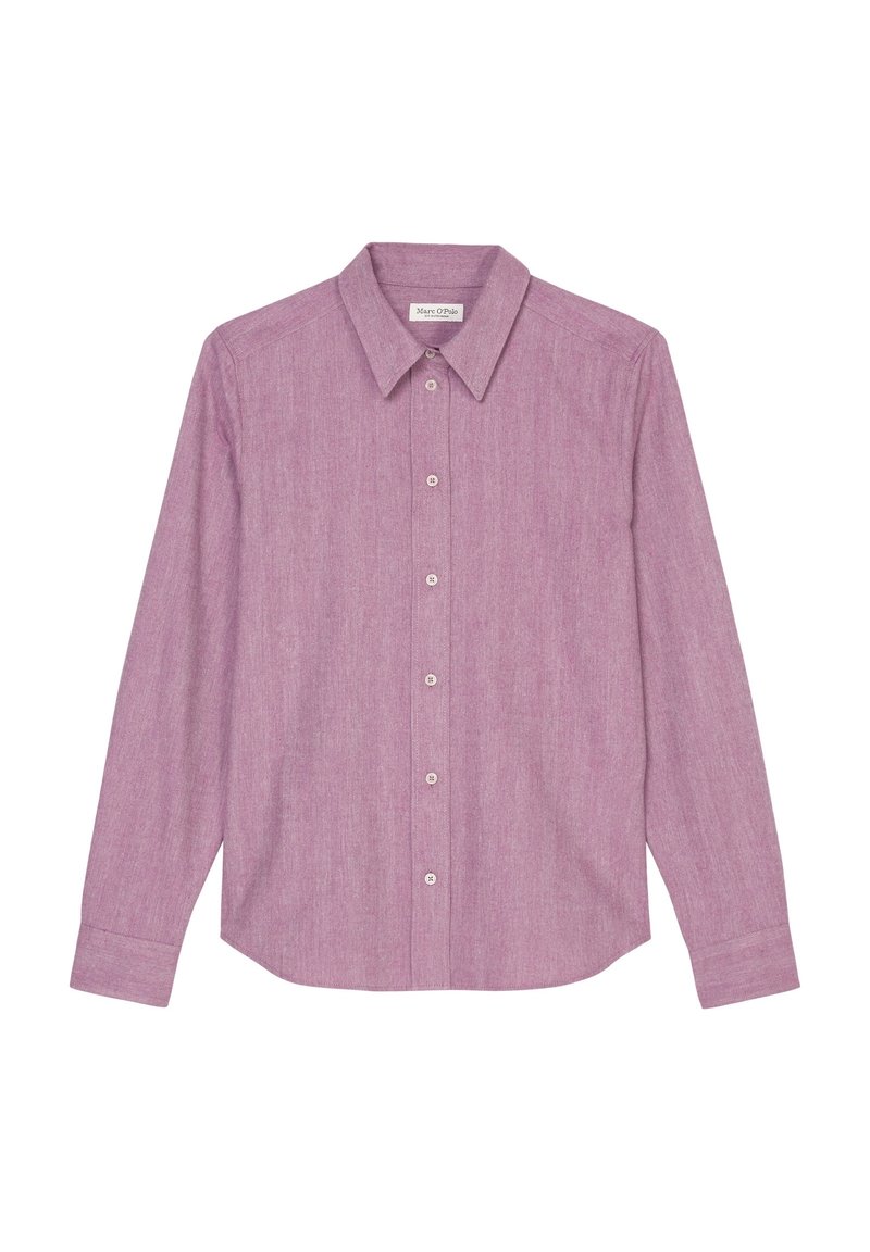 Rosa Hemd mit Knopfleiste aus leichtem Stoff. Verfügt über einen klassischen Kragen, lange Ärmel und eine leicht strukturierte Oberfläche mit fünf Knöpfen.