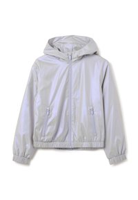 Helle silberne Windbreaker-Jacke mit Kapuze, elastischen Bündchen, Reißverschlussfronttaschen und gerafftem Saum. Glattes, glänzendes Material.
