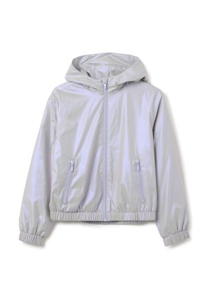 Light silver windbreaker jacket with a hood, elastic cuffs, zippered front pockets, and a gathered hemline. Smooth, shiny material.