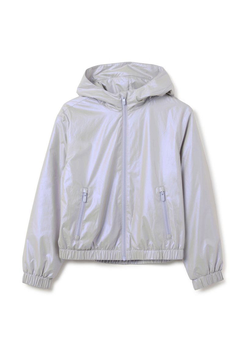 Helle silberne Windbreaker-Jacke mit Kapuze, elastischen Bündchen, Reißverschlussfronttaschen und gerafftem Saum. Glattes, glänzendes Material.