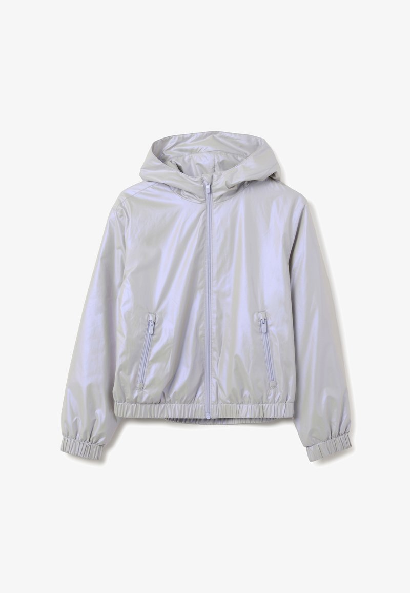 Helle silberne Windbreaker-Jacke mit Kapuze, elastischen Bündchen, Reißverschlussfronttaschen und gerafftem Saum. Glattes, glänzendes Material.