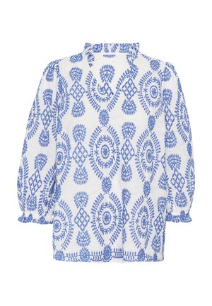 Weiße Bluse mit blauen gestickten Blumen- und geometrischen Mustern, mit einem Rüschensaum und elastischen Puffärmeln.