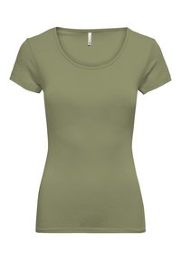 Olive green short-sleeve t-shirt with a scoop neckline, made from soft, stretchable fabric. Features a fitted design with seamless shoulders.