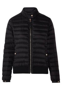 Doudoune noire avec fermeture éclair à l'avant, ourlet côtelé et col montant. Présente un matelassage horizontal et des accents métalliques. Matière légère.