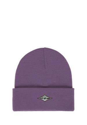Purple knitted beanie hat with a folded cuff featuring a small diamond-shaped patch with a wave design in the center.