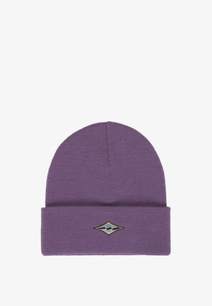 Purple knitted beanie hat with a folded cuff featuring a small diamond-shaped patch with a wave design in the center.