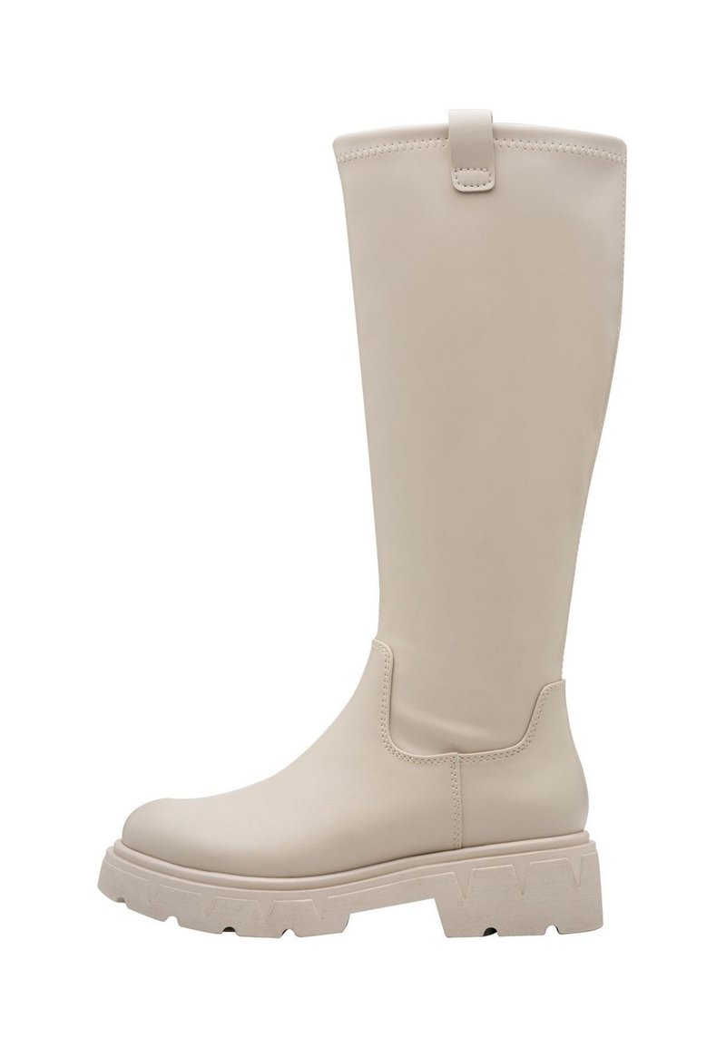 Botte beige jusqu'au genou en matériau synthétique lisse, avec une semelle épaisse et des accents en zigzag. Anse latérale pour un enfilage facile.