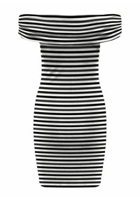 Musta-valkoinen vaakaraitainen, off-shoulder, vartalonmyötäinen mekko, jossa on käännettävä pääntie ja polvenpituinen helma.